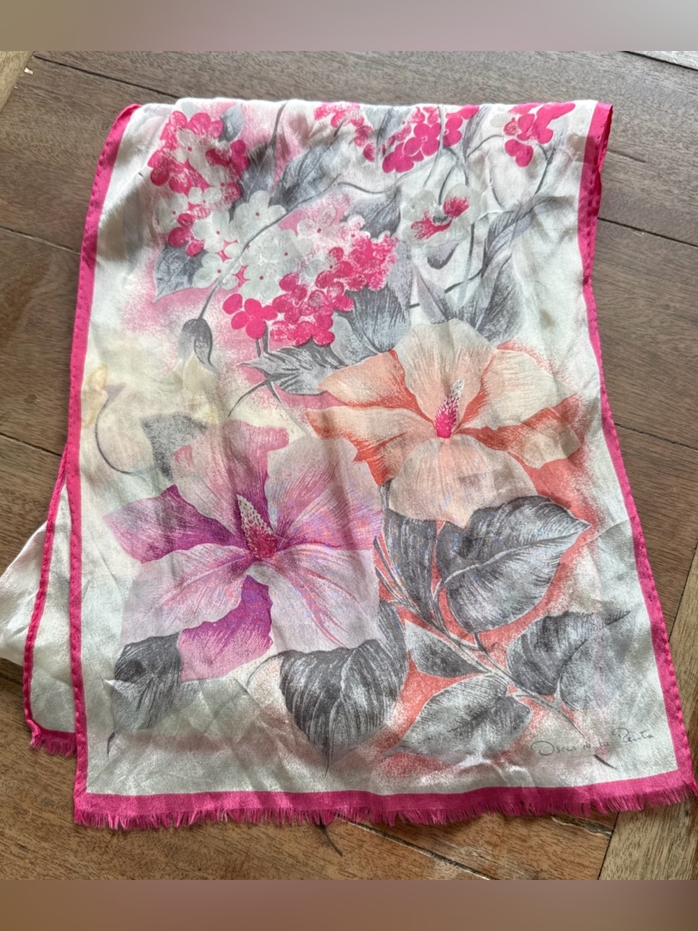 Vintage Oscar de la Renta Pink Floral Abstract Silk Scarf hibiscus